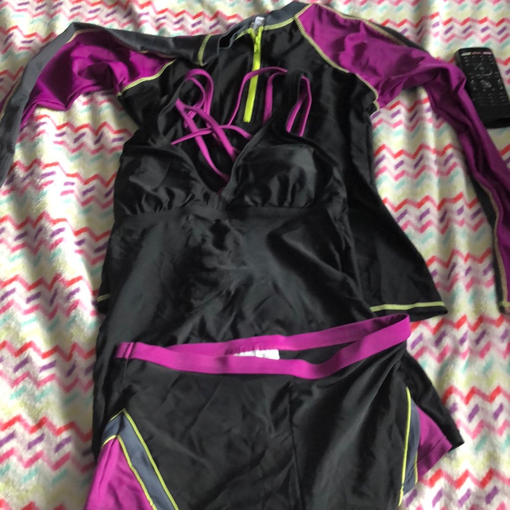 Purple and black tankini with cover up